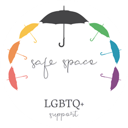 Half Circle of rainbow coloured umbrellas over the words 'safe space' and 'LGBTQ+ support'